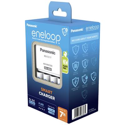 Verpakking van een Panasonic eneloop Smart Charger, compatibel met AA en AAA Ni-MH oplaadbare batterijen. Bevat 4 AA batterijen. Laadtijd ongeveer 7 uur.