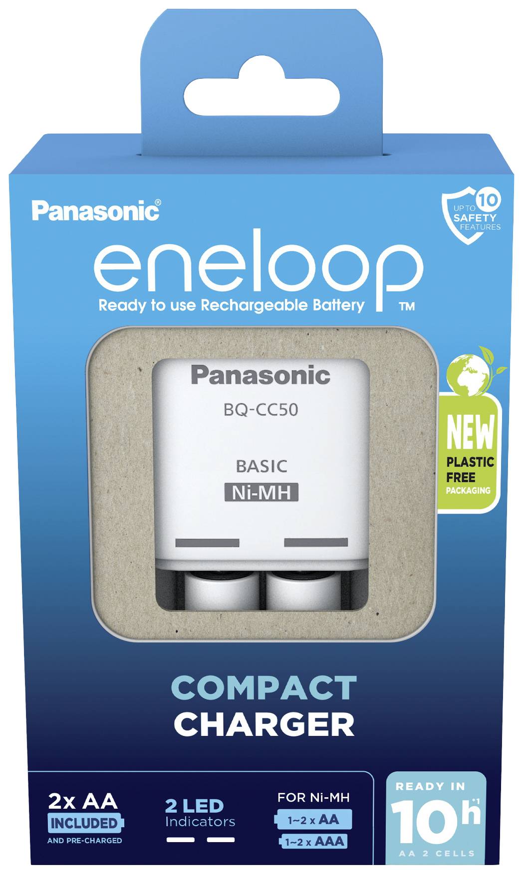 'Panasonic eneloop Compact Lader' in blauwe verpakking, bevat 2 voorgeladen AA-batterijen, plasticvrij, laadt in 10 uur, LED-indicatoren.