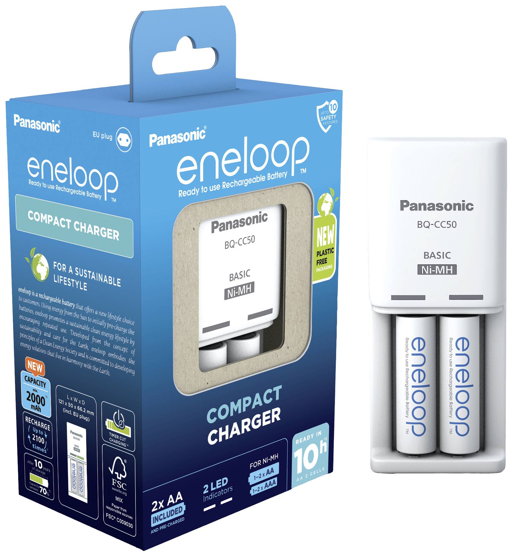 Oplader 'Panasonic eneloop BQ-CC50' met twee oplaadbare AA-batterijen. Verpakking benadrukt duurzame levensstijl.