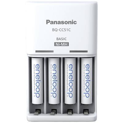 Een wit Panasonic-oplaadstation met vier geplaatste Eneloop-batterijen, model BQ-CC51C, geschikt voor Ni-MH-batterijen.
