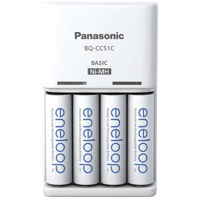 'Panasonic BQ-CC51C batterijlader met vier Eneloop AA Ni-MH-batterijen, geschikt voor herhaaldelijk opladen.'