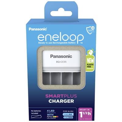 Een blauwe verpakking van Panasonic eneloop toont een oplader voor oplaadbare batterijen, model BQ-CC55, zonder batterijen.