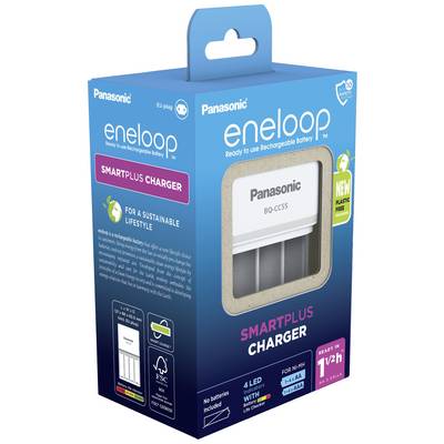 Verpakking van een Panasonic Smartplus-oplader voor oplaadbare batterijen. Bevat een weergave van de oplader, merknaam en duurzaamheidsinformatie.