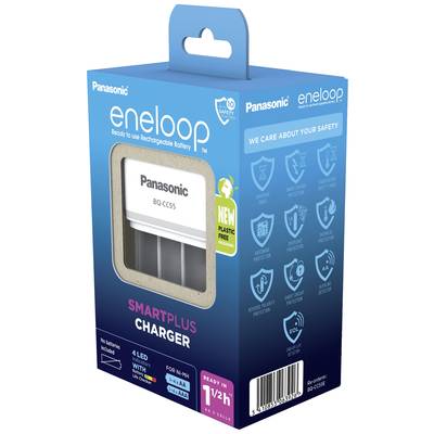 Laadapparaat verpakking van Panasonic eneloop SmartPlus Oplader, benadrukt milieuvriendelijk, plasticvrij ontwerp en veiligheidsfuncties.