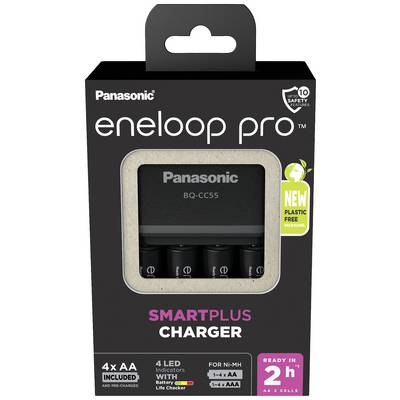 Panasonic batterijlader met 'eneloop pro' AA-batterijen. Verpakking benadrukt de 2-uurs laadtijd en LED-indicatoren voor vier batterijen.