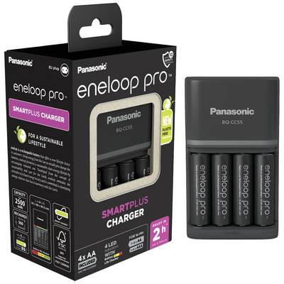 'Panasonic-oplader met vier oplaadbare AA-batterijen, verpakkingstekst: voor een duurzame levensstijl, klaar in 2 uur.'