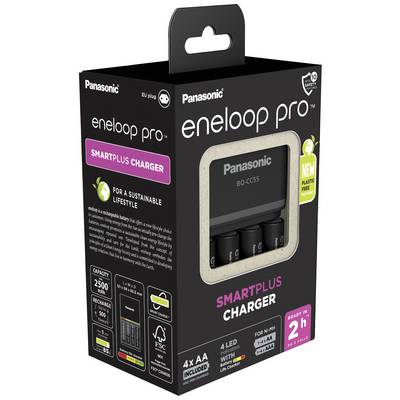 'Panasonic eneloop pro Smartplus Oplader' Verpakking met oplader en 4 AA-batterijen. Informatie over prestaties, milieuvriendelijkheid en oplaadtijd.