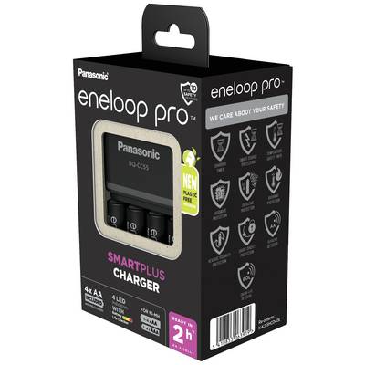 'Panasonic eneloop pro SmartPlus lader in zwarte verpakking. Bevat 4 AA-batterijen, oplaadbaar in 2 uur, plasticvrije verpakking.'