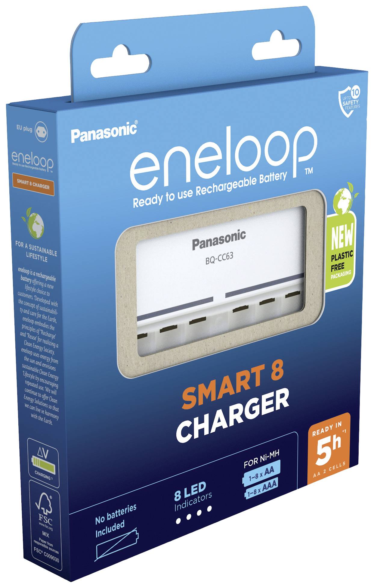 'Panasonic eneloop Smart 8 Charger' verpakking, toont dat hij geschikt is voor oplaadbare AA- en AAA-batterijen.