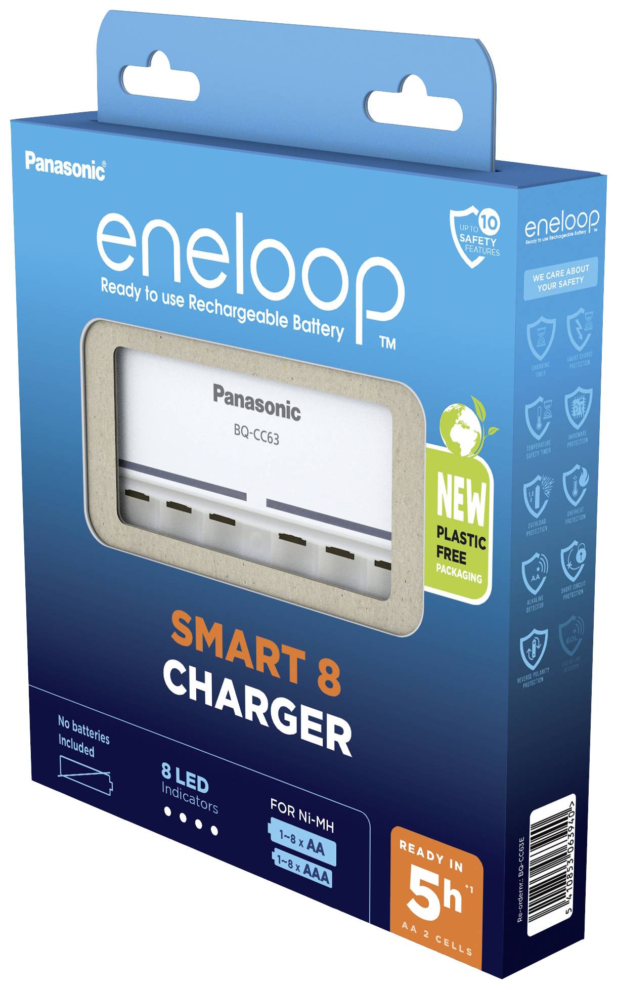 Verpakking van een Panasonic eneloop Smart 8-oplader. Toont de oplader voor AA- en AAA-batterijen in een plasticvrije verpakking.