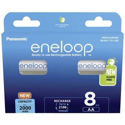 Verpakking van Panasonic eneloop AA-batterijen, 8 stuks, voorgeladen, oplaadbaar, tot 2100 laadcycli, zonder plastic verpakking.