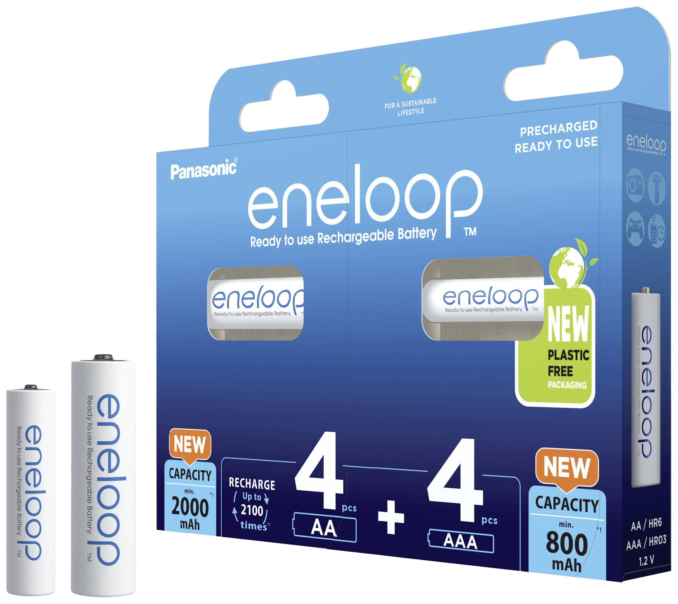 'Verpakking Eneloop oplaadbare batterijen. Bevat 4 AA- en 4 AAA-batterijen met een capaciteit van respectievelijk 2000 mAh en 800 mAh.'