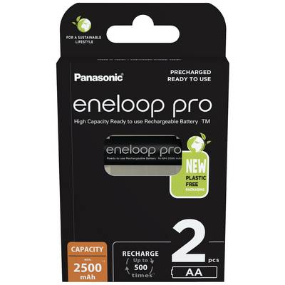 Batterijverpakking van Panasonic 'eneloop pro', 2500 mAh, bevat 2 AA-batterijen. Verpakking van plasticvrij materiaal, oplaadbaar tot 500 keer.
