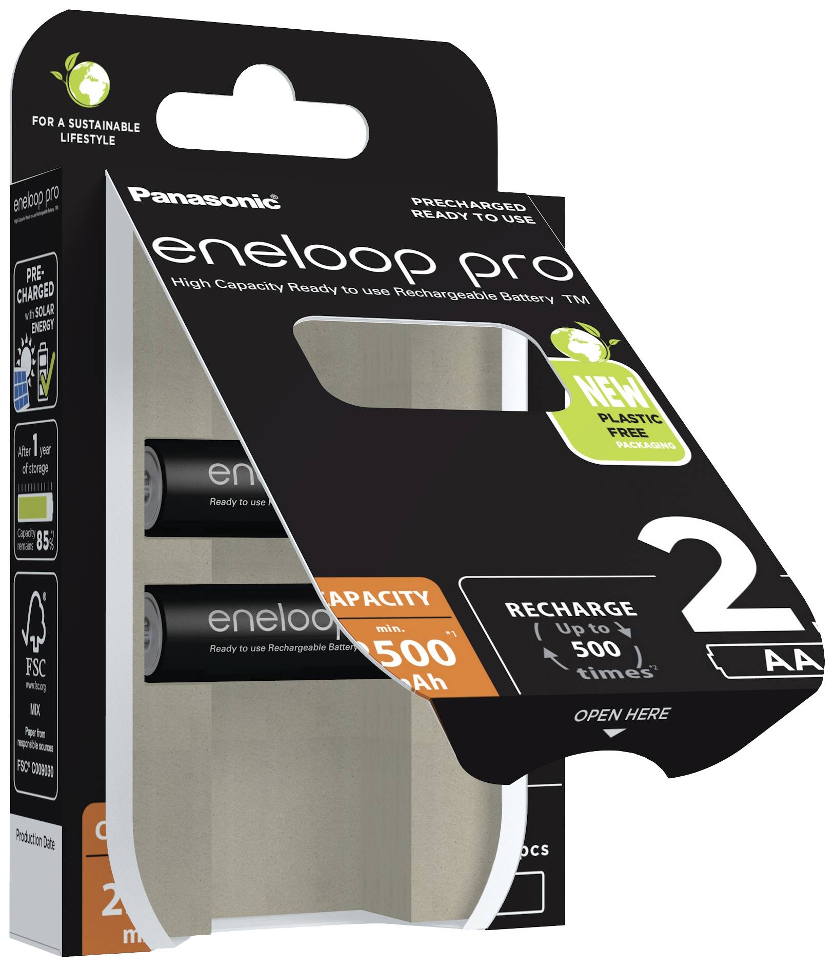 Verpakking van twee Panasonic eneloop pro AA-batterijen, voorgeladen, oplaadbaar, met een capaciteit van 2500 mAh.