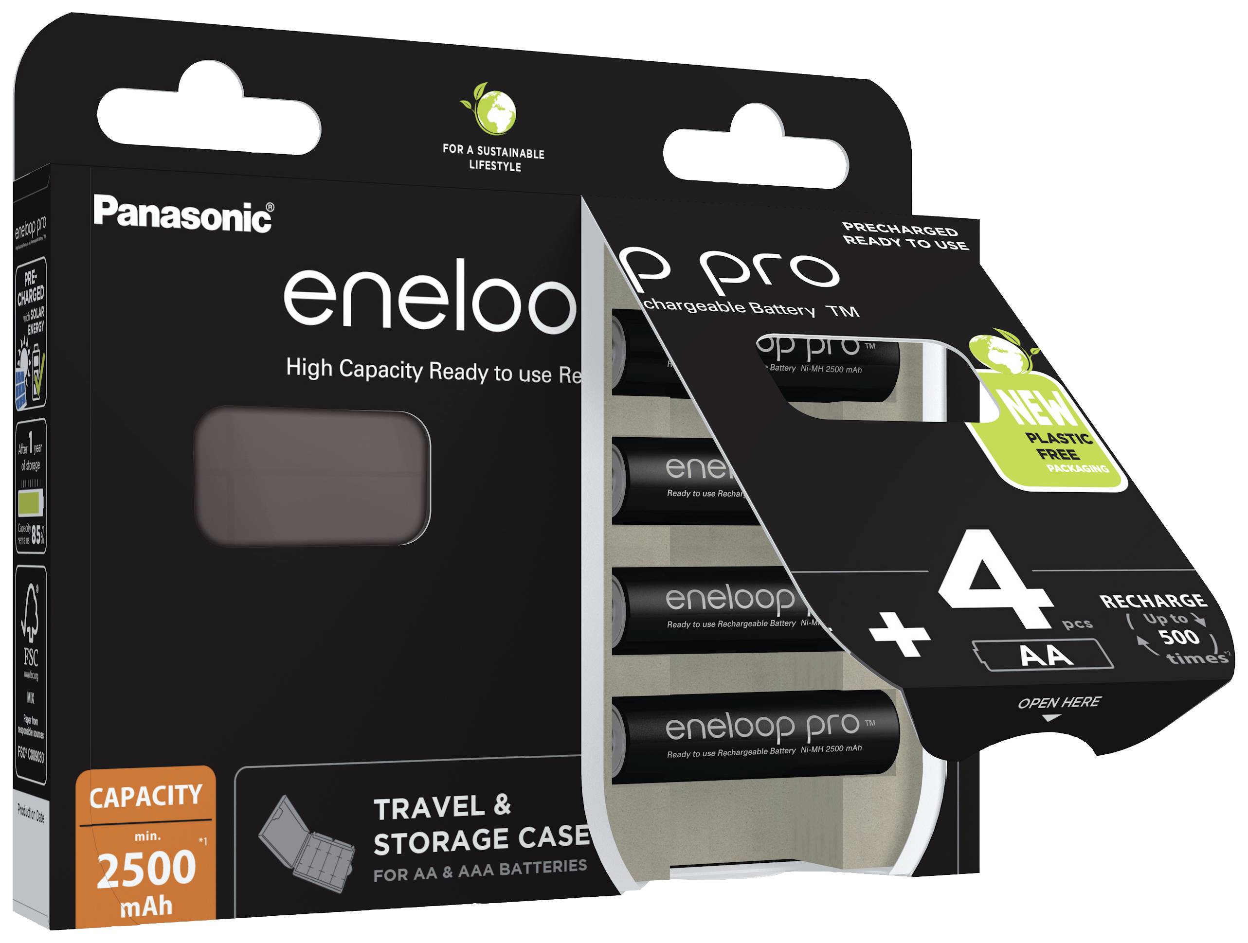 'Panasonic eneloop pro' batterijen in een verpakking met 4 AA-batterijen, capaciteit 2500 mAh, inclusief reis- en opbergdoosje.