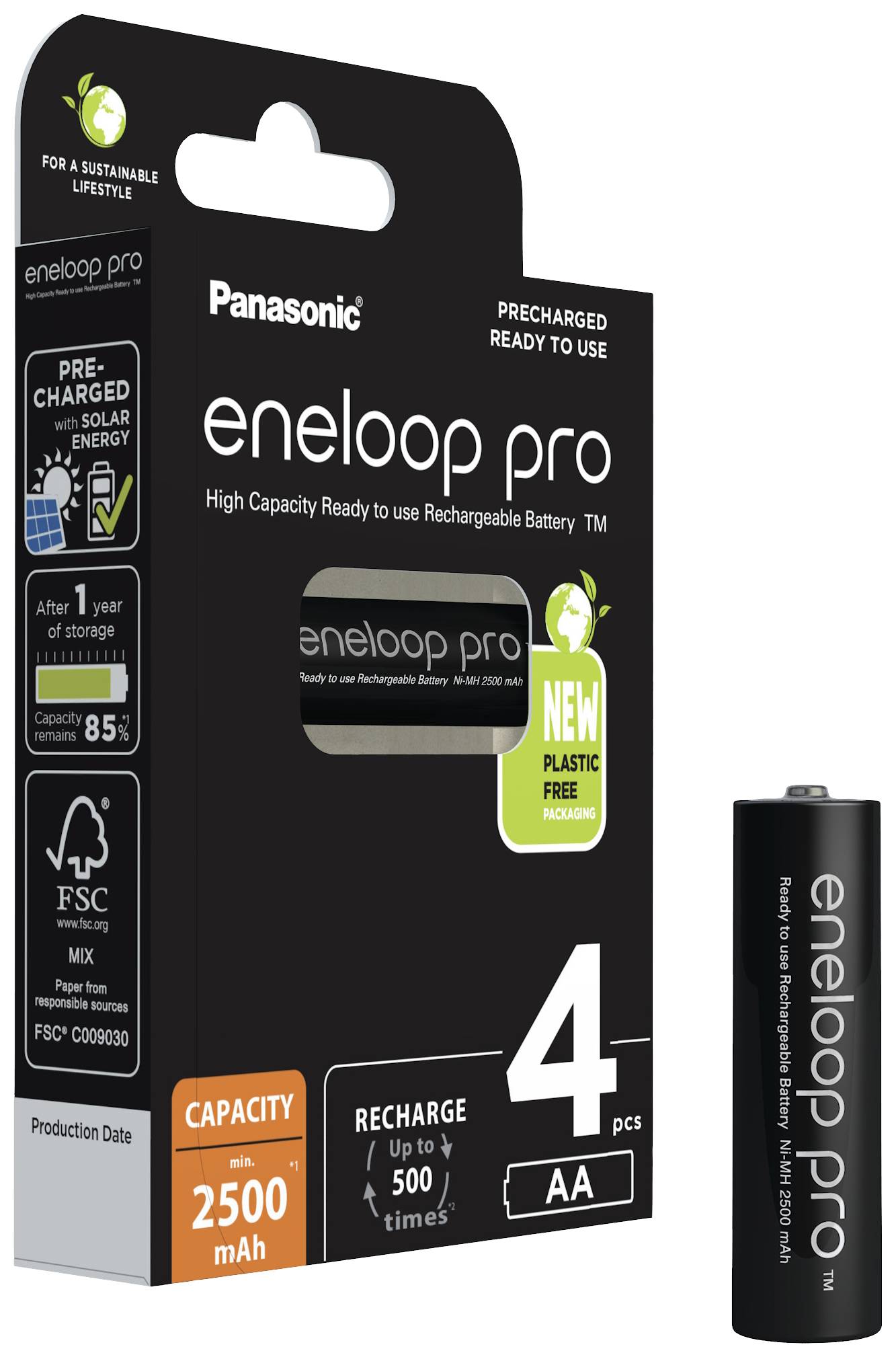 Verpakking van Panasonic eneloop pro oplaadbare AA-batterijen, 2500 mAh capaciteit, 4 stuks, plasticvrije verpakking.