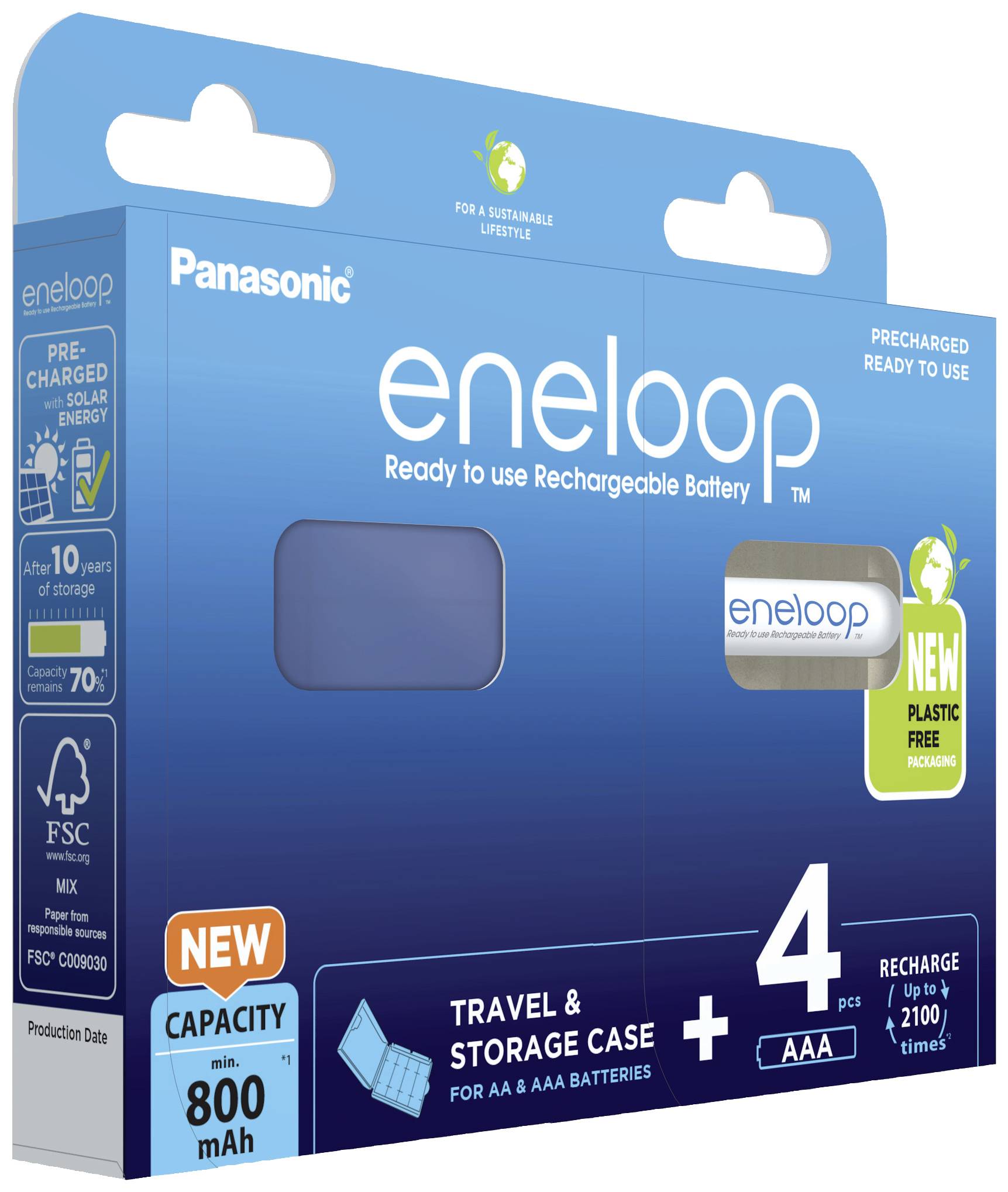 Packaging for Panasonic eneloop AAA batteries, 4 pieces, with 800 mAh capacity. Includes travel and storage case. Environmentally friendly packaging.