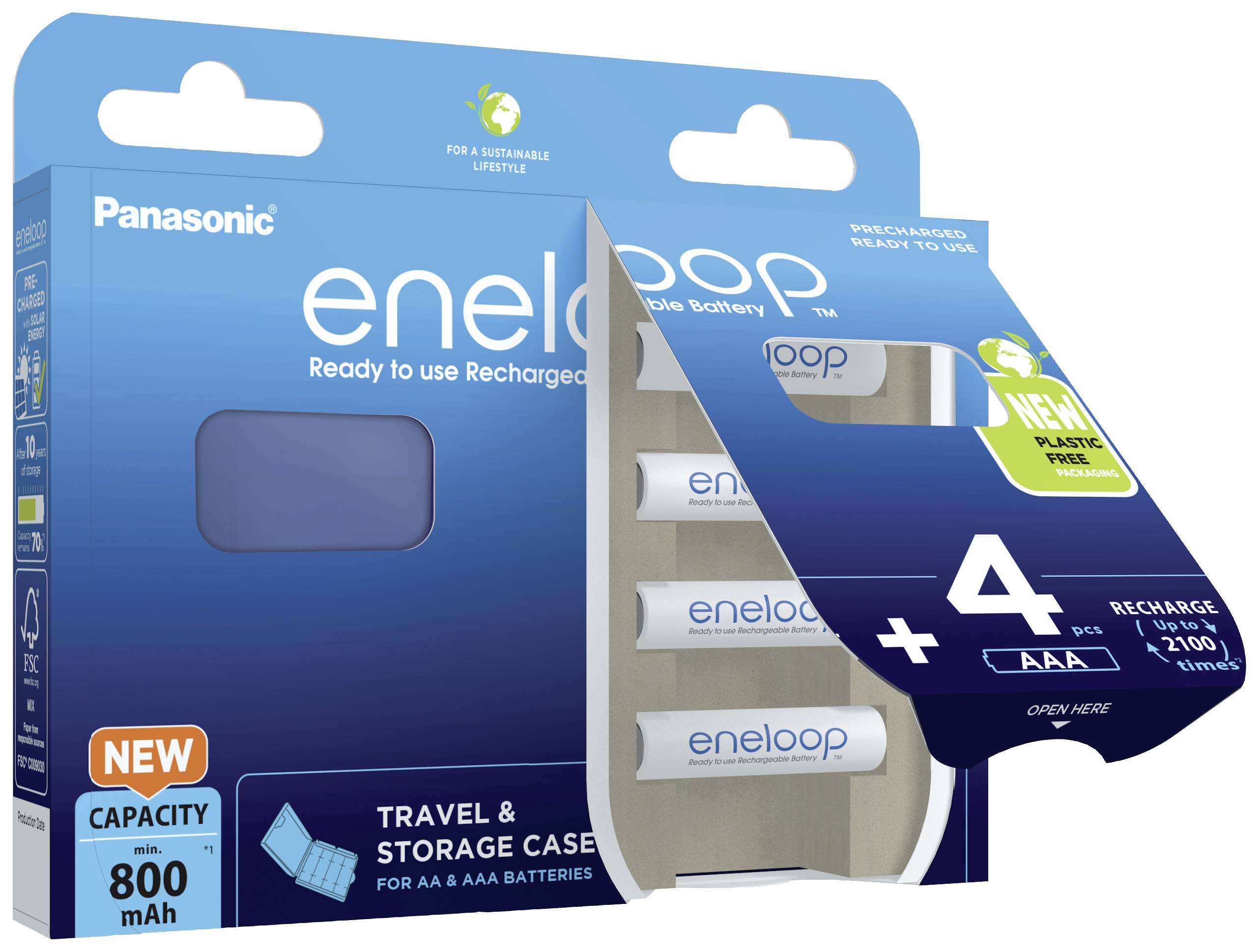 Panasonic batterijverpakking met vier oplaadbare AA-batterijen, capaciteit 800 mAh, inclusief reis- en opbergdoos.