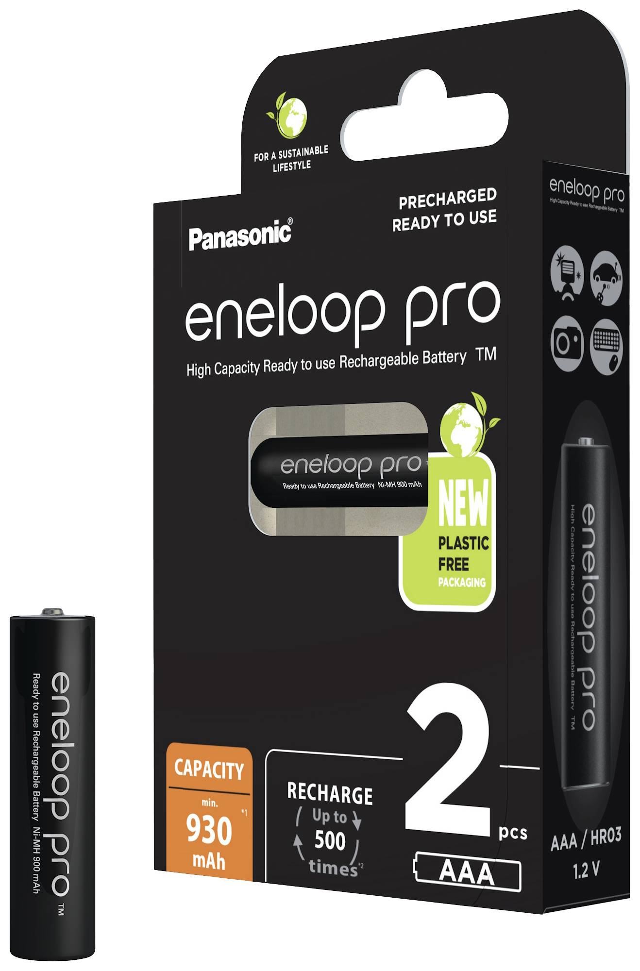 Verpakking van twee Panasonic Eneloop Pro AAA-batterijen, opgeladen en oplaadbaar, 930 mAh capaciteit, milieuvriendelijk ontwerp.