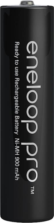Zwarte AA-batterij van het merk 'eneloop pro', oplaadbaar, 1,2V, 2450mAh, geschikt voor energieverslindende apparaten.