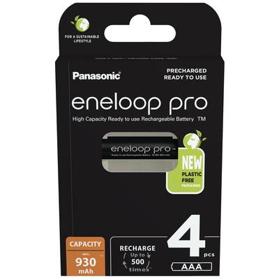 Verpakking van een 'Panasonic eneloop pro' AAA-batterij, 4 stuks. Uitgelicht: hoge capaciteit, plasticvrije verpakking, oplaadbaar tot 500 keer, 930 mAh.
