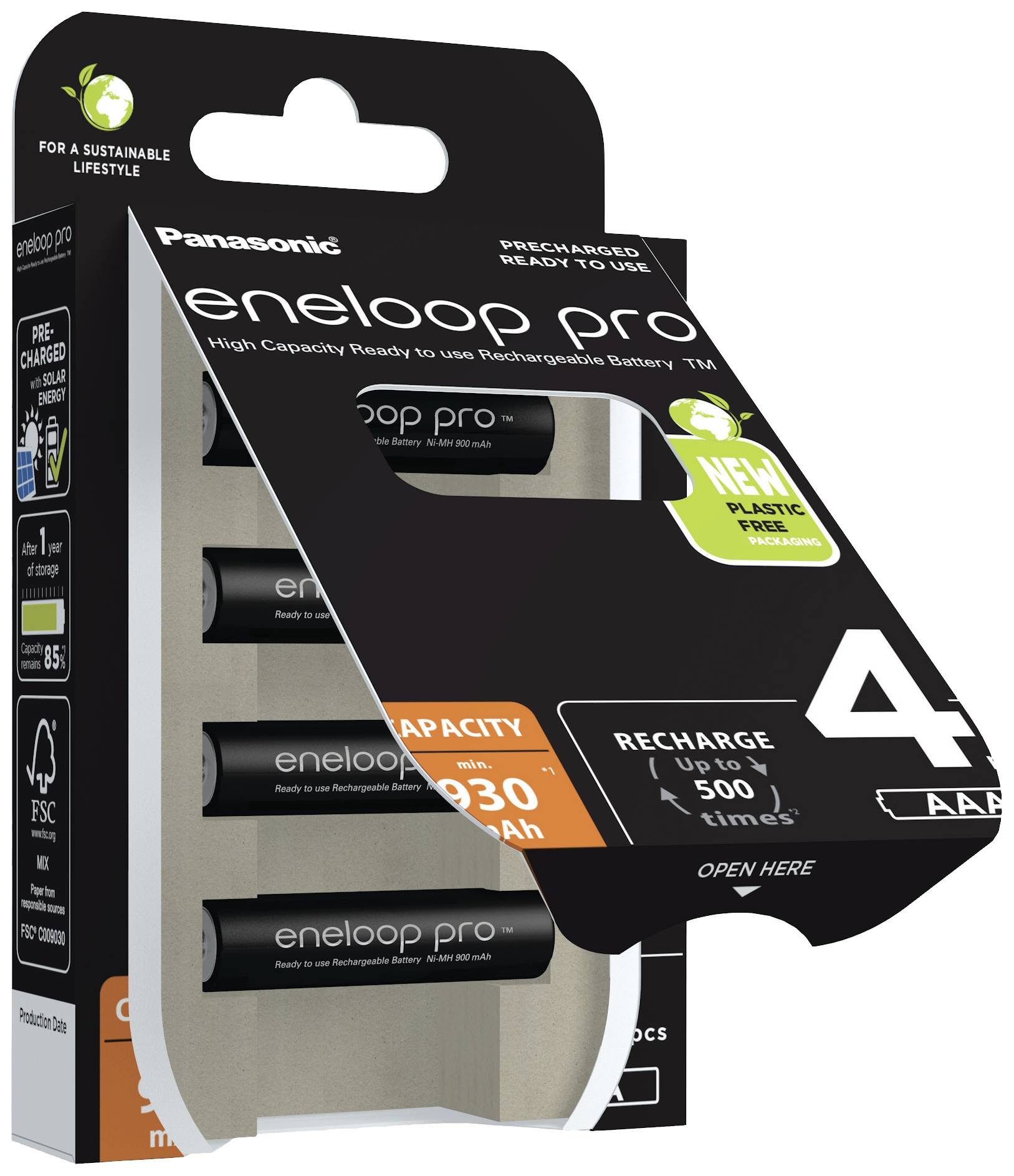 Verpakking van Panasonic eneloop pro batterijen. Bevat vier AA-batterijen met een capaciteit van 2550 mAh, oplaadbaar tot 500 keer.