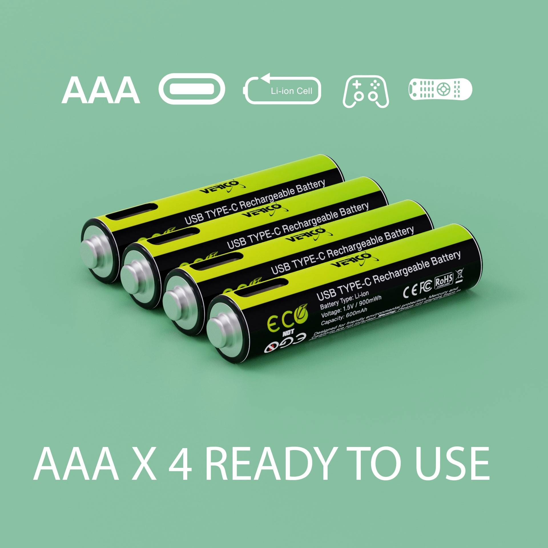Vier oplaadbare AAA-batterijen met USB Type-C-aansluiting. Let op: 'AAA x 4 gebruiksklaar'. Geschikt voor gamingapparatuur.