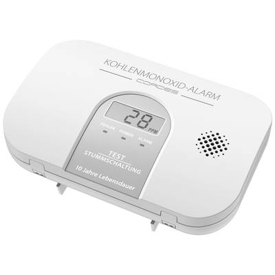 Koolmonoxide-alarmtoestel met digitaal display toont '28 PPM'. Toetsen voor test en dempen. Opmerking: '10 jaar levensduur'.