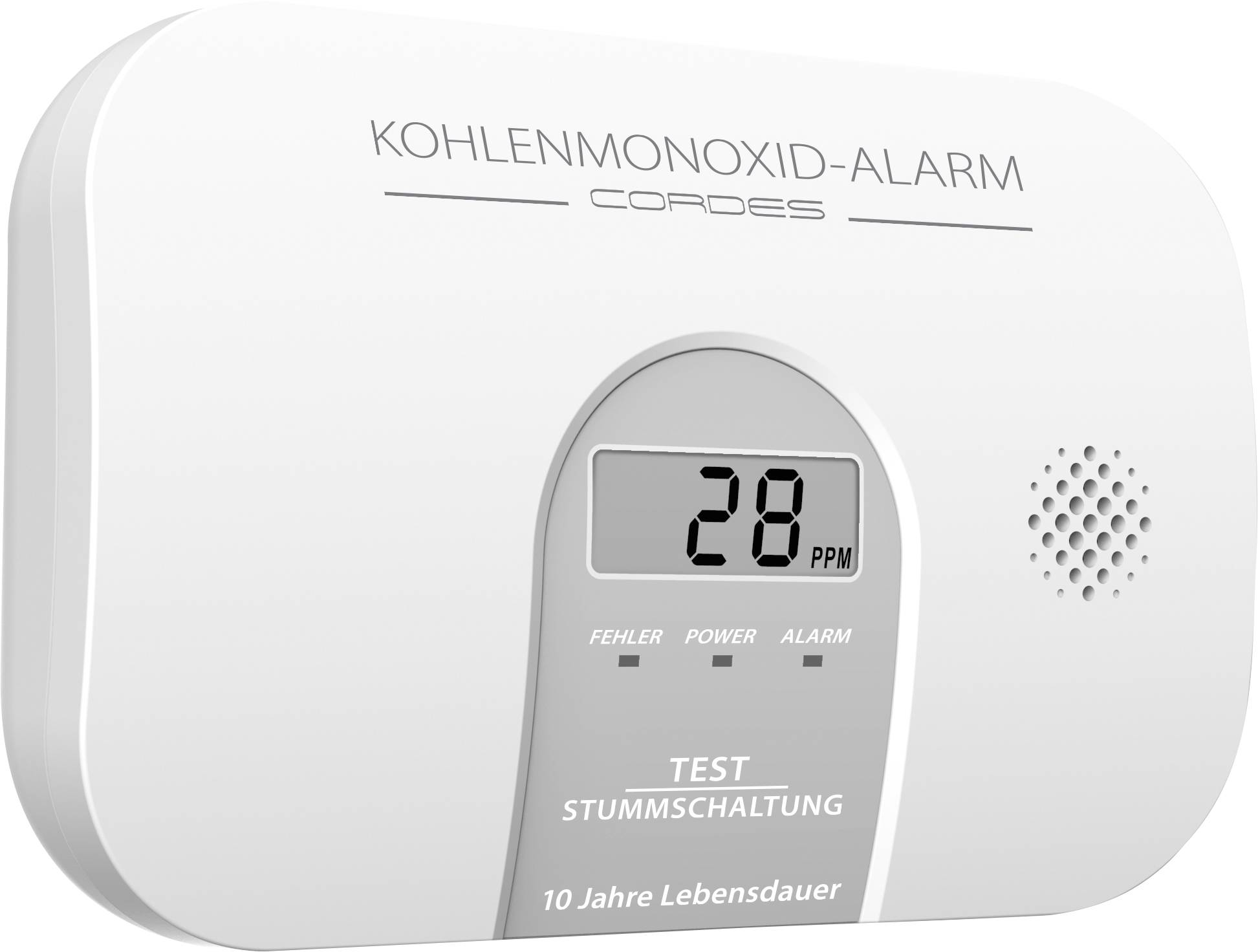 Koolmonoxide-alarmtoestel met digitaal display toont '28 PPM'. Functies: Test, dempen. Levensduur: 10 jaar.
