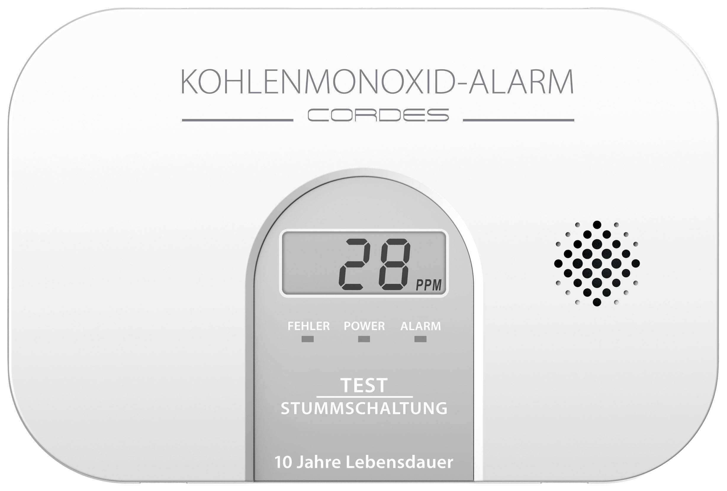 Koolmonoxide-alarmtoestel met LED-display '28 PPM', toetsen voor test en dempen. Toont bedrijfstoestanden, 10 jaar levensduur.