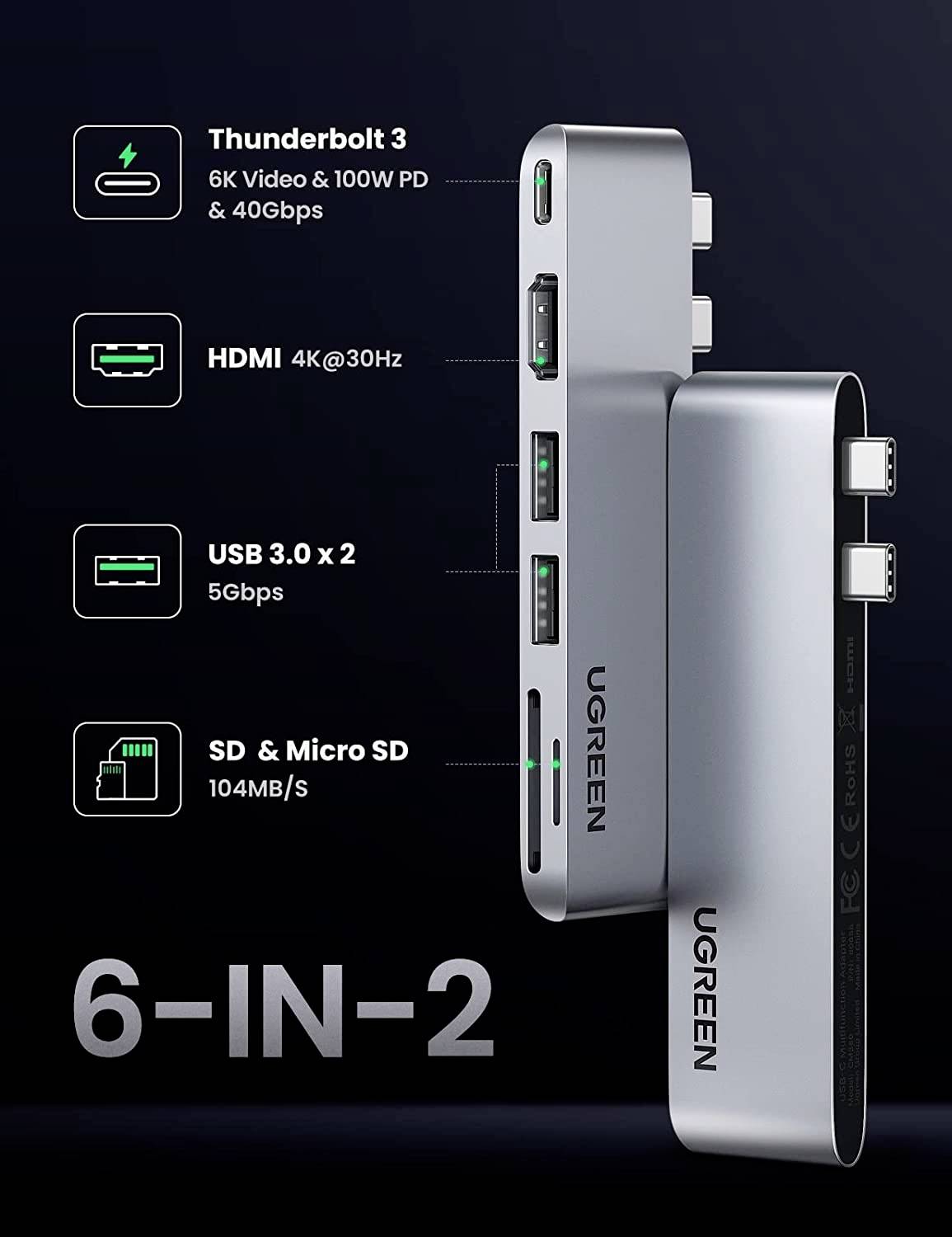 UGREEN 6-in-2 USB C Hub for MacBook Pro 80856 USB-hub 6 + 2 poorten USB-A 3.2 Gen 1, HDMI, SD, USB-C Met ingebouwde SD-k-1