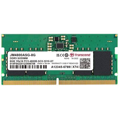 Een groene Transcend DDR5 SO-DIMM RAM-module, 8GB capaciteit, model JM4800ASG-8G, met een wit label; "Made in Taiwan".