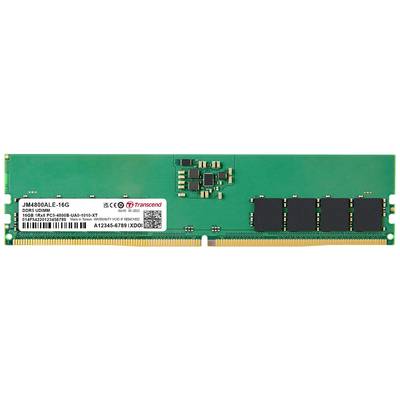 Een groene RAM-geheugenmodule met het opschrift 'Transcend'. Capaciteit: 16GB DDR3. Modelnummer: JM4800ALE-16G. CE-gecertificeerd.