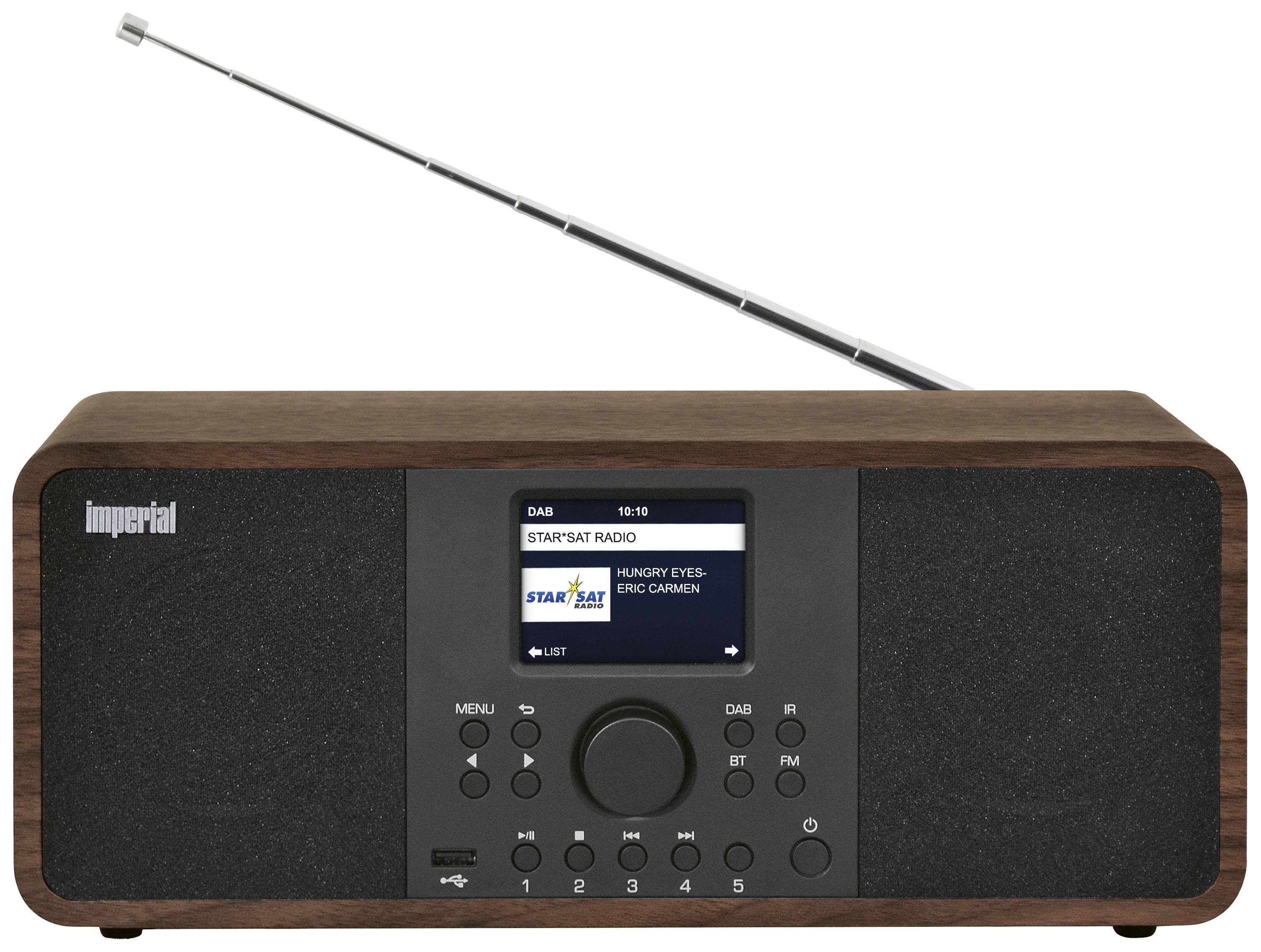 Een houten kofferradio met uittrekbare antenne, display en meerdere bedieningsknoppen. Toont 'STAR*SAT RADIO' op het display.