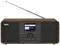 Een houten kofferradio met uittrekbare antenne, display en meerdere bedieningsknoppen. Toont 'STAR*SAT RADIO' op het display.