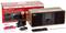 Radio met houten behuizing en scherm, afstandsbediening, antenne en stroomkabel. Verpakking met opschrift 'INTERNET DAB+ FM RADIO'.