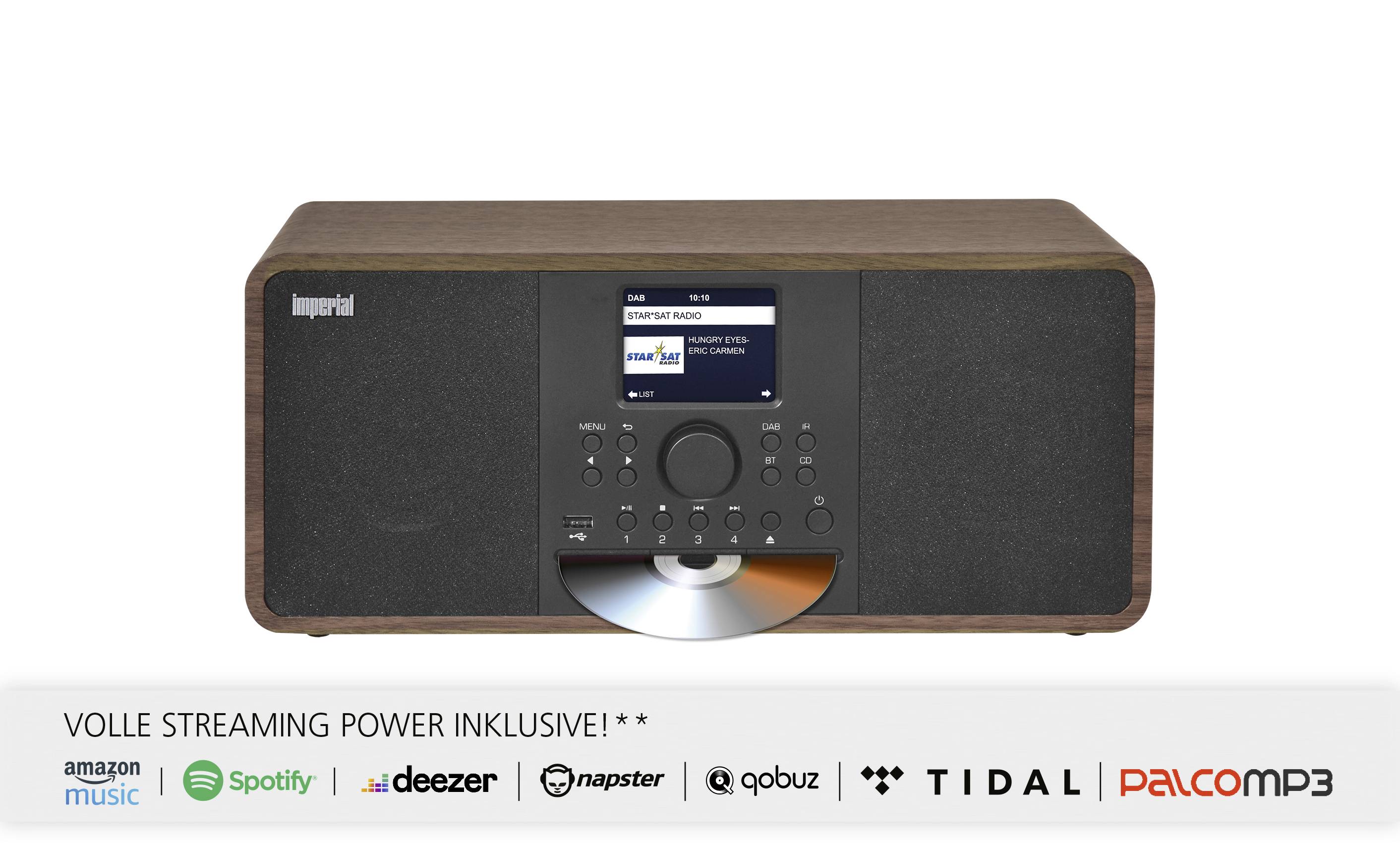 Een houten radiotoestel met digitaal display toont 'SMART RADIO'. Daaronder ligt een cd in het vak. Logo's van streamingdiensten onderaan.