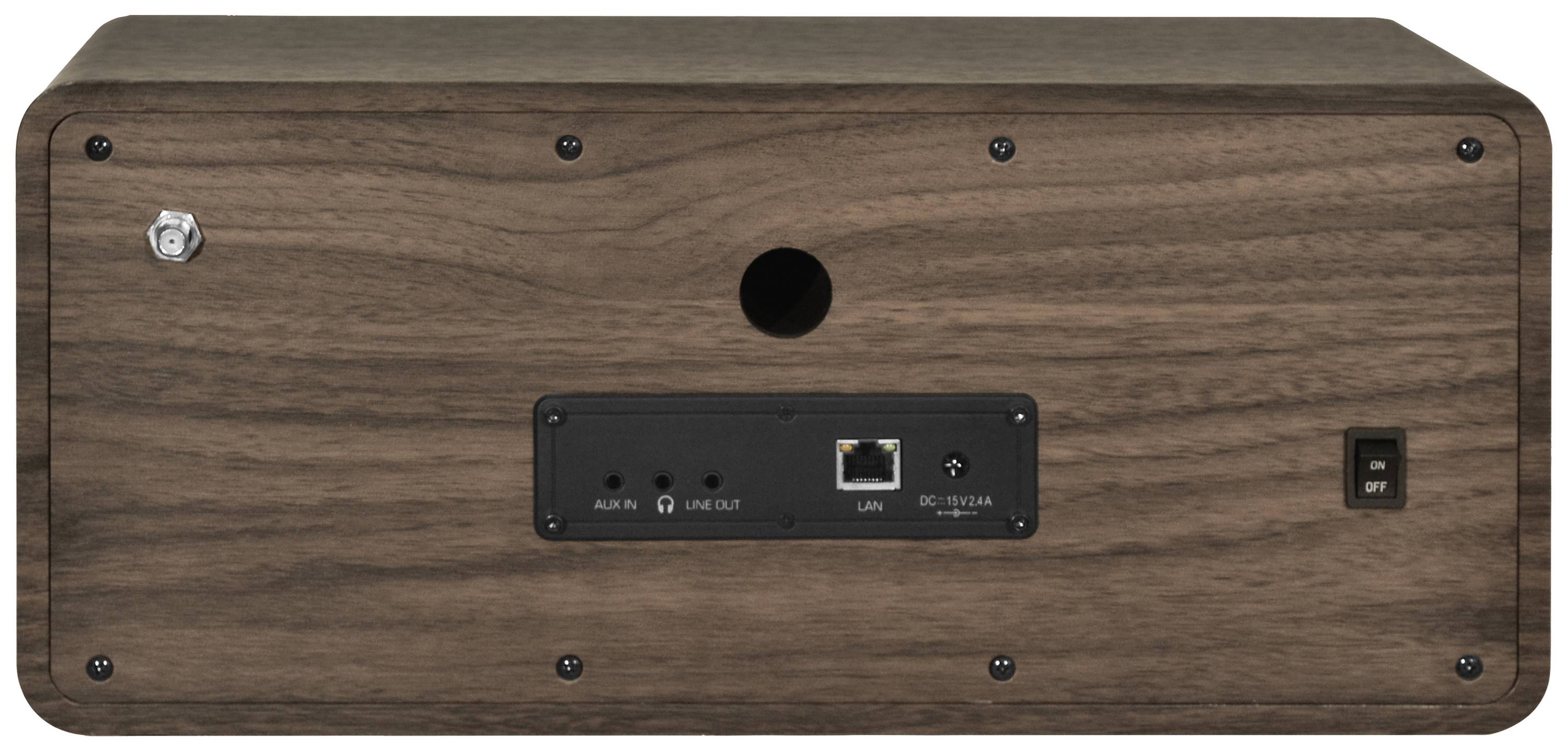 De achterkant van een houten luidspreker met aansluitingen. Zichtbaar zijn een LAN-aansluiting, een DC-aansluiting, een audio-uitgang en een aan-/uitschakelaar.