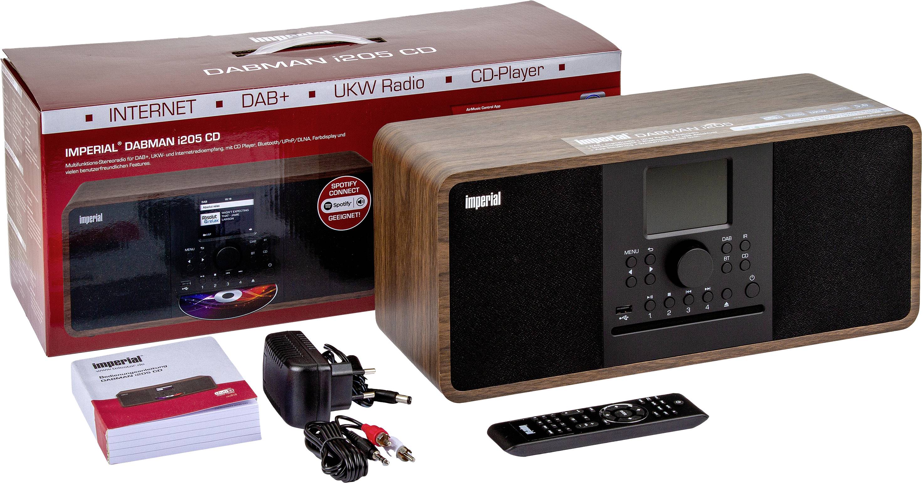 'Imperial DABMAN i205 CD' Radio- en cd-speler met accessoires: afstandsbediening, netsnoer, audiokabel. Verpakking toont productafbeelding.