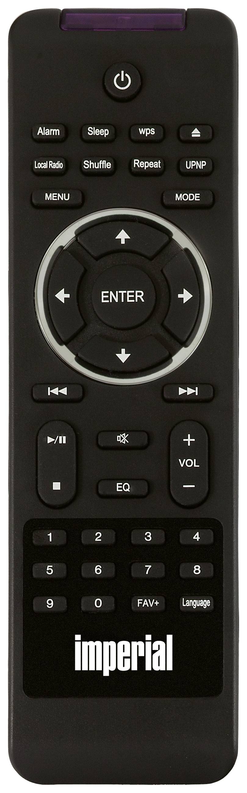 Afstandsbediening met navigatiekruis, numeriek toetsenblok, volumeregeling en meerdere functietoetsen. Gemarkeerd met 'imperial' onderaan.