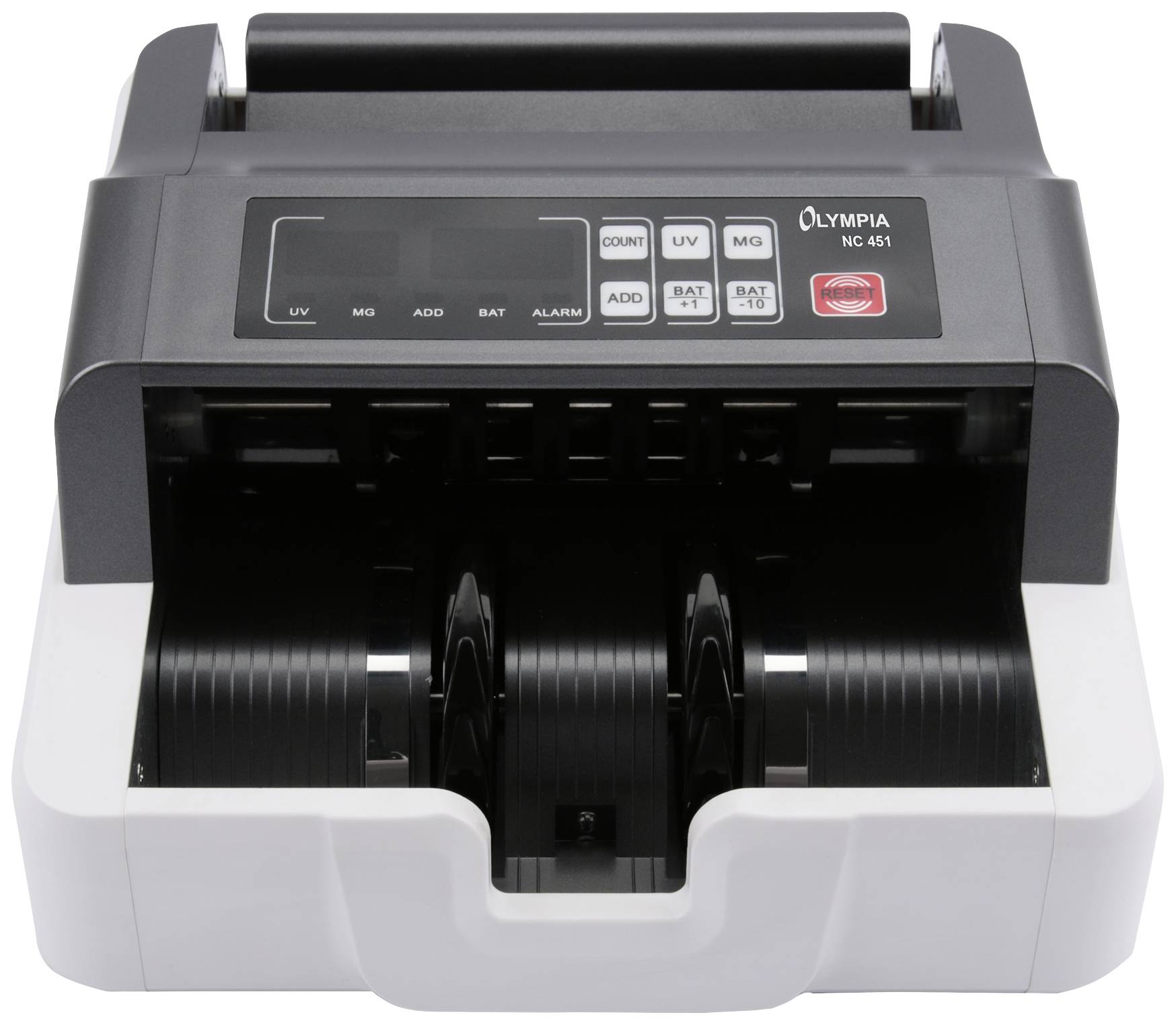 Geldtelmachine met display en meerdere functietoetsen voor sortering en herkenning van bankbiljetten.