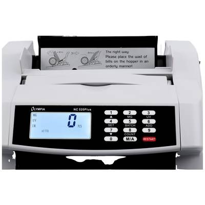 Een bankbiljettenteller van het merk Olympia, model NC 520Plus. Op het display staat '0'. Een handleiding voor het invoeren van bankbiljetten is zichtbaar.