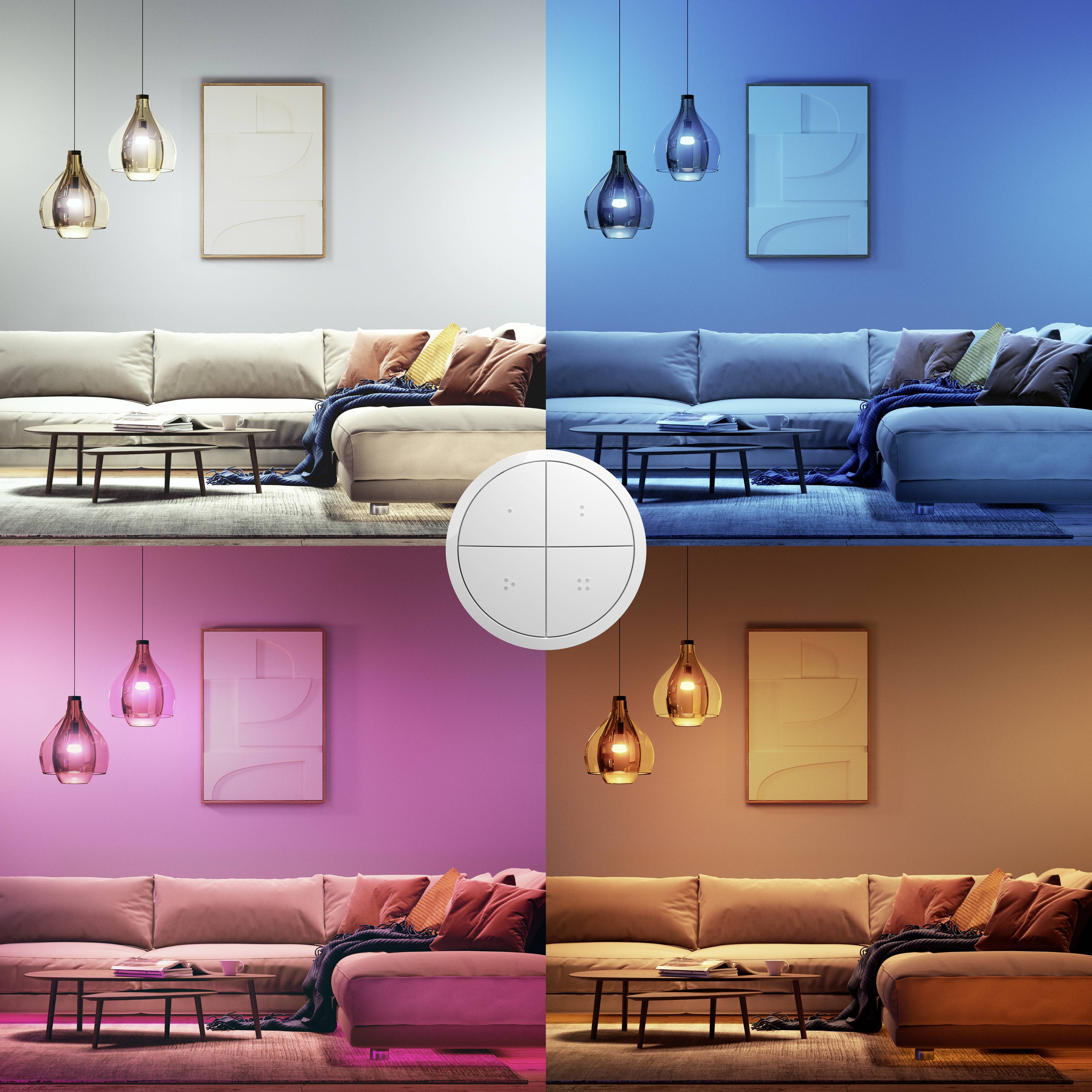 Woonkamer met een modern bankstel, drie hangende lampen en een abstract schilderij aan de muur. Vier verlichtingsopties: neutraal, blauw, roze, oranje.