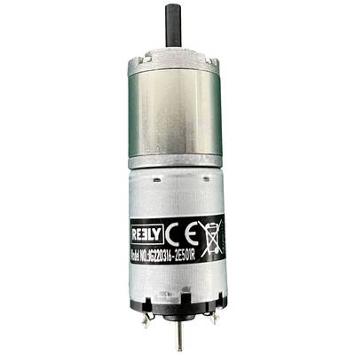 Een cilindrische elektromotor van REELY, modelnummer JG220316-2E501R, in zilverkleur met CE-markering en verwijderingssymbool.
