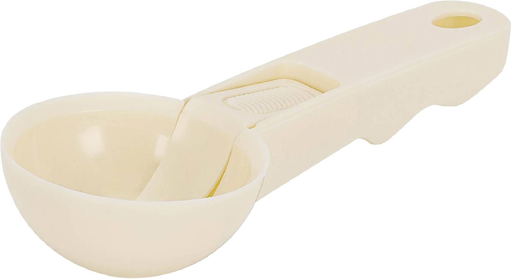 Beige ijslepel met ergonomische handgreep en gebogen schepvorm.