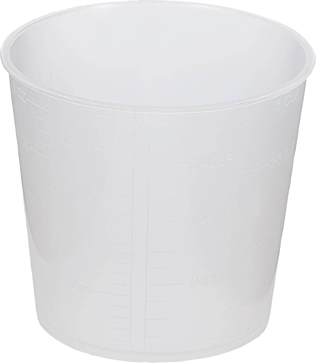 Transparante maatbeker van kunststof met schaalverdelingen voor milliliter en ounces, geschikt voor het afmeten van vloeistoffen in de keuken of werkplaats.