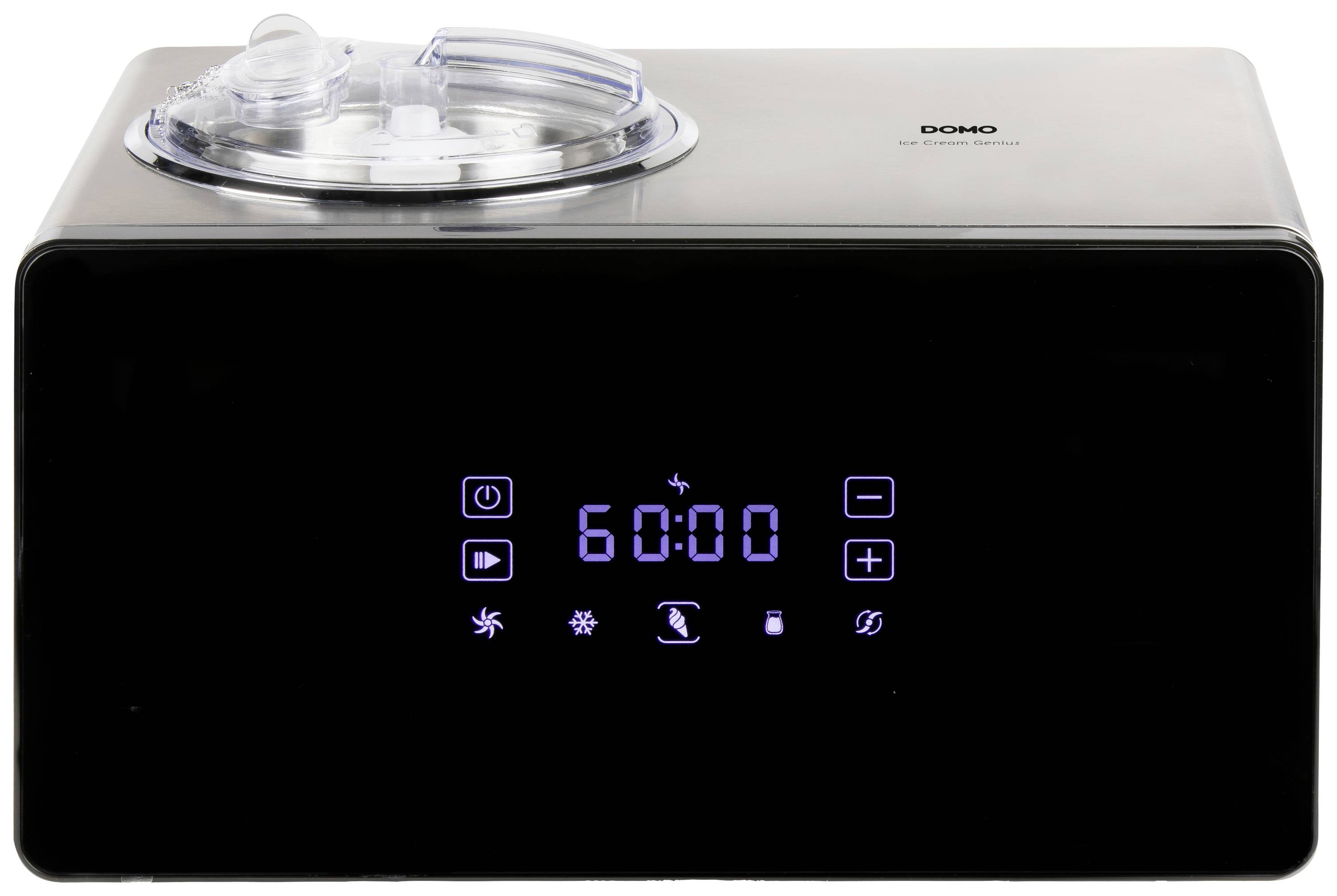Zwarte IJsmachine met digitaal display dat '60:00' toont. Bevat symbolen voor timer, ventilator en koeling.