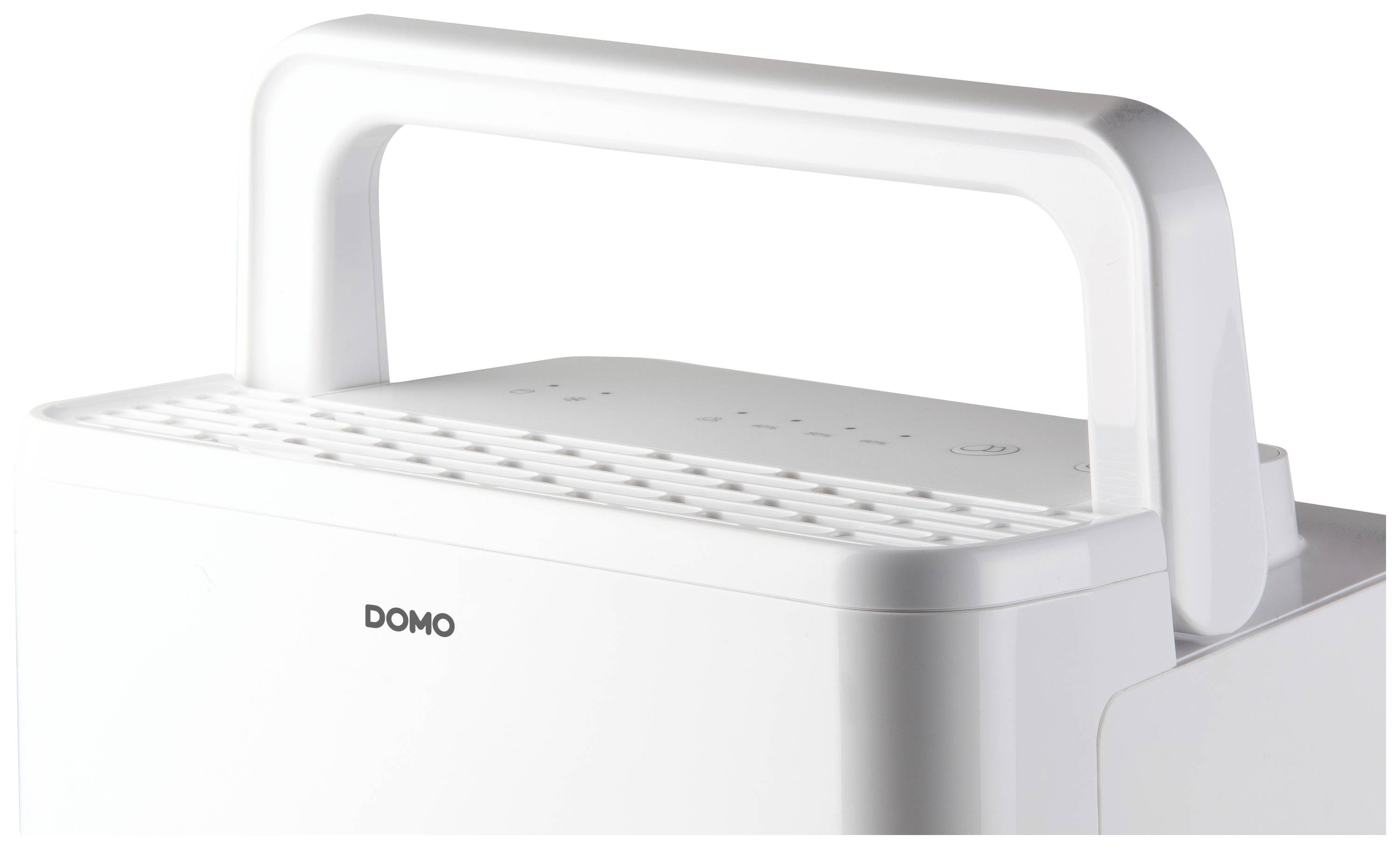 Een witte luchtreiniger met handgreep; het merk 'DOMO' is zichtbaar. Het apparaatontwerp is eenvoudig en modern.