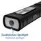 Draagbare zaklamp met een extra spotlight. Hij is zwart, met een grote lens aan de voorkant en een knop aan de zijkant.