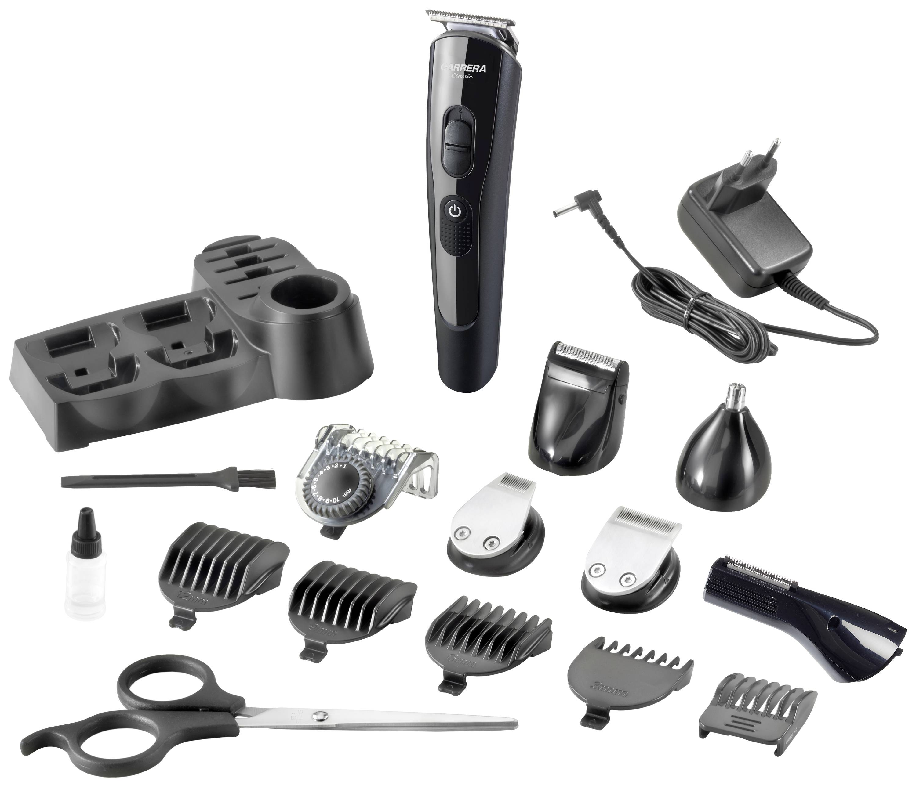 Een multifunctionele haarknipcombinatie met een tondeuse, verschillende opzetstukken, oplader, schaar en olieflesje.